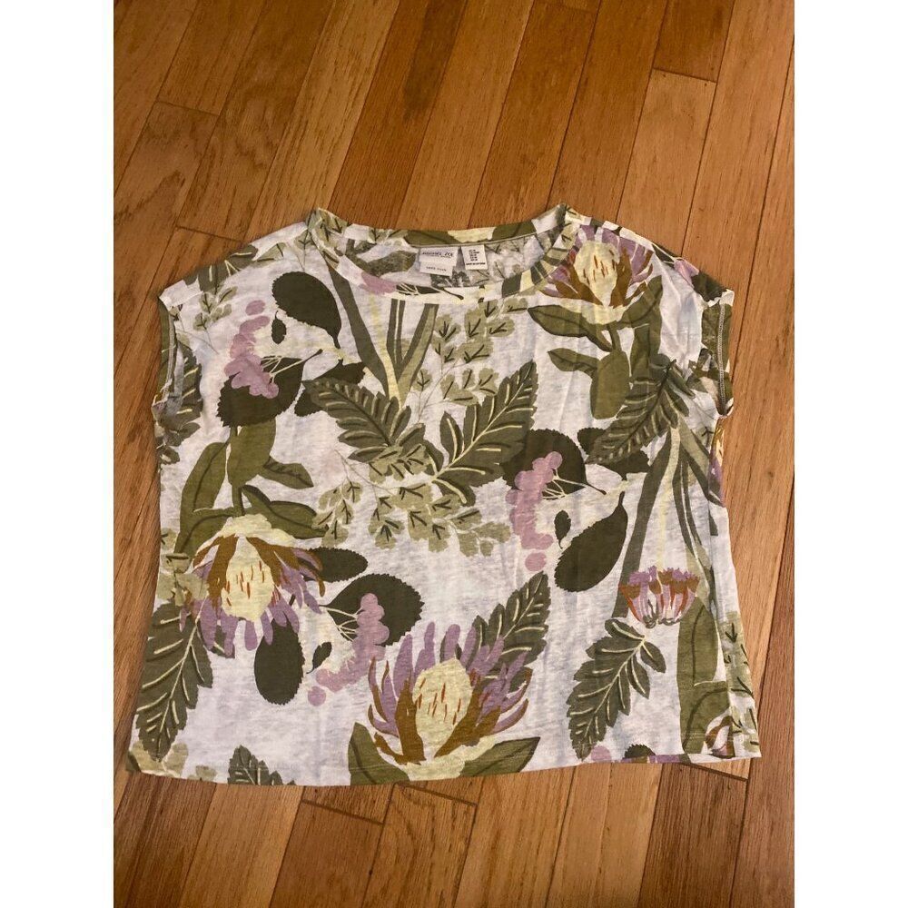 Rachel Zoe Womens Medium 100% Linen Floral Print Short Sleeve Top size medium